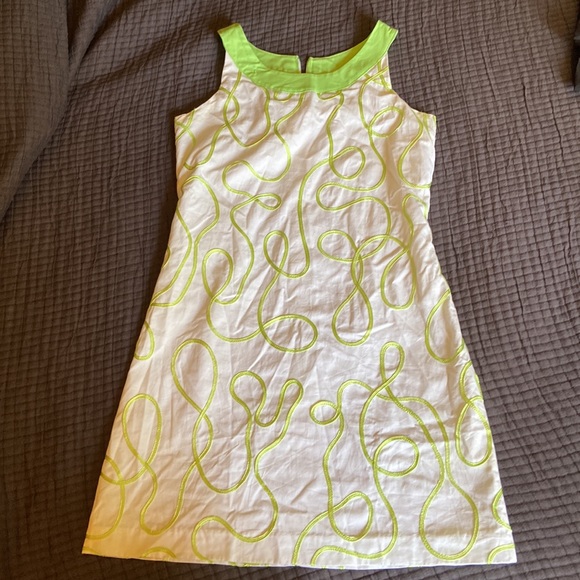 12 MAGGIE BREEN TOO LINED SHIFT DRESS WHITE LIME GREEN TRIM AND EMBROIDERY ZIP - Picture 1 of 16